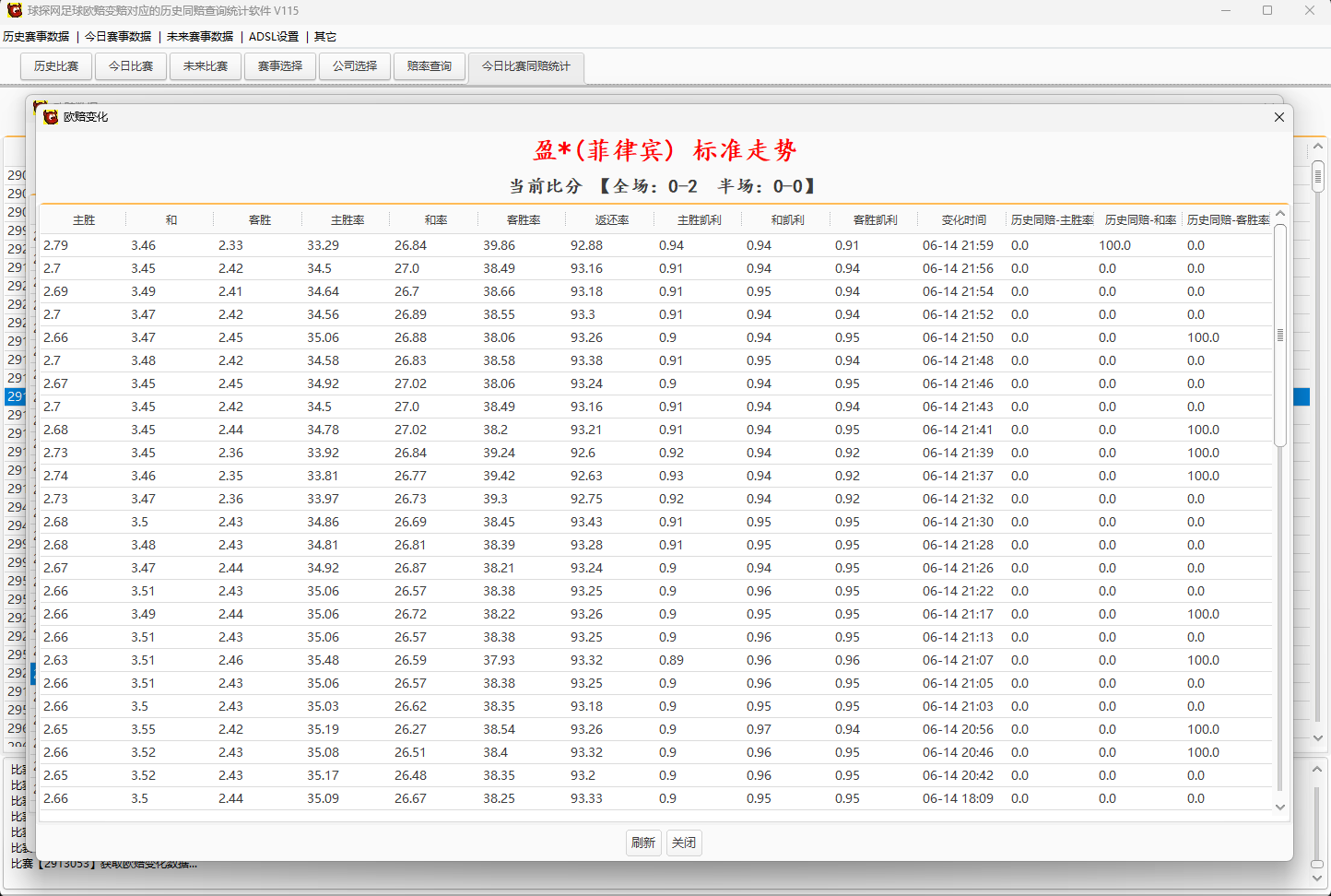 球探网足球欧赔变赔对应的历史同赔查询统计软件 V115