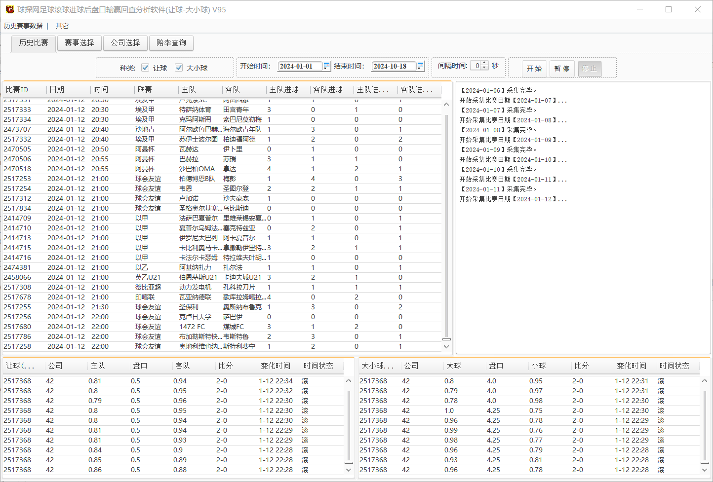 球探网足球滚球进球后盘口输赢回查分析软件(让球-大小球) V95